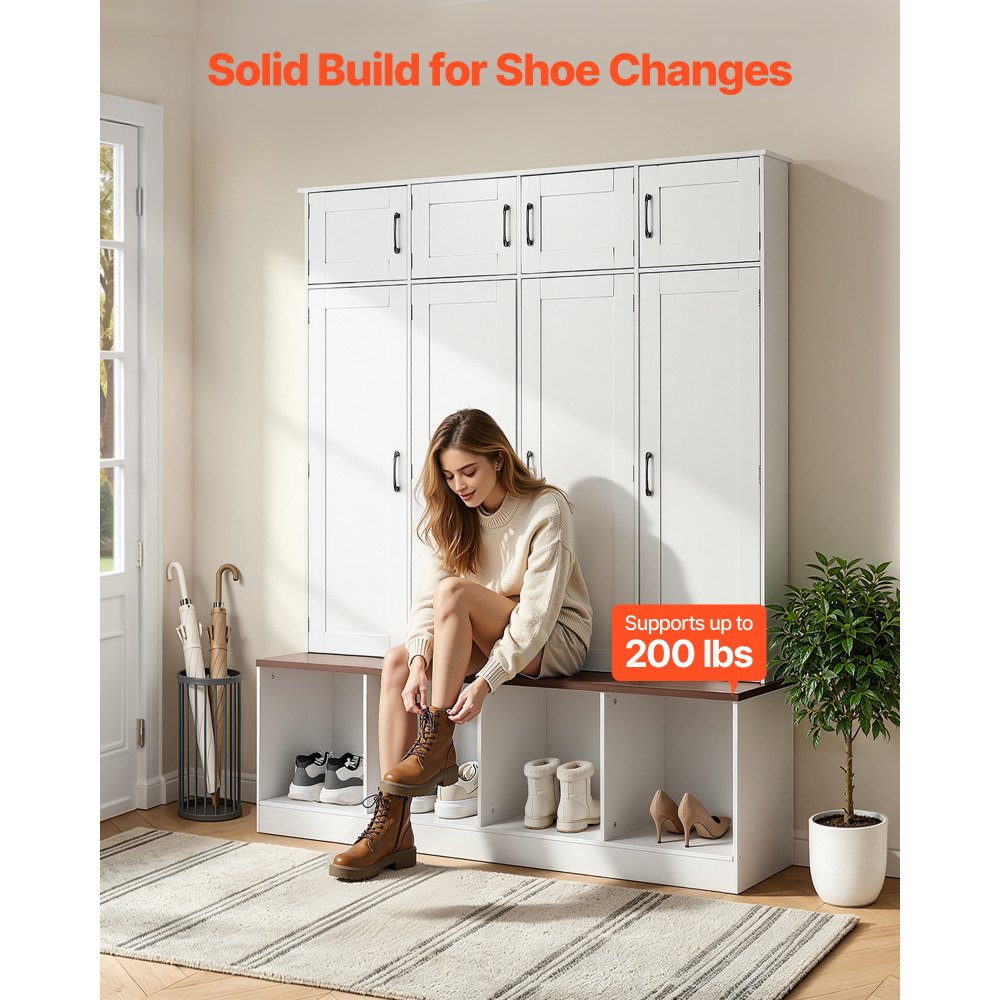 VEVOR Hall Tree with Bench and Shoe Storage, 59" Wide, 4-in-1 Entryway Hall Tree with Bench, Hanging Hooks, Storage Cabinet, and Shoe Cabinet, Wooden Furniture for Mudroom, Entryway, Hallway, White