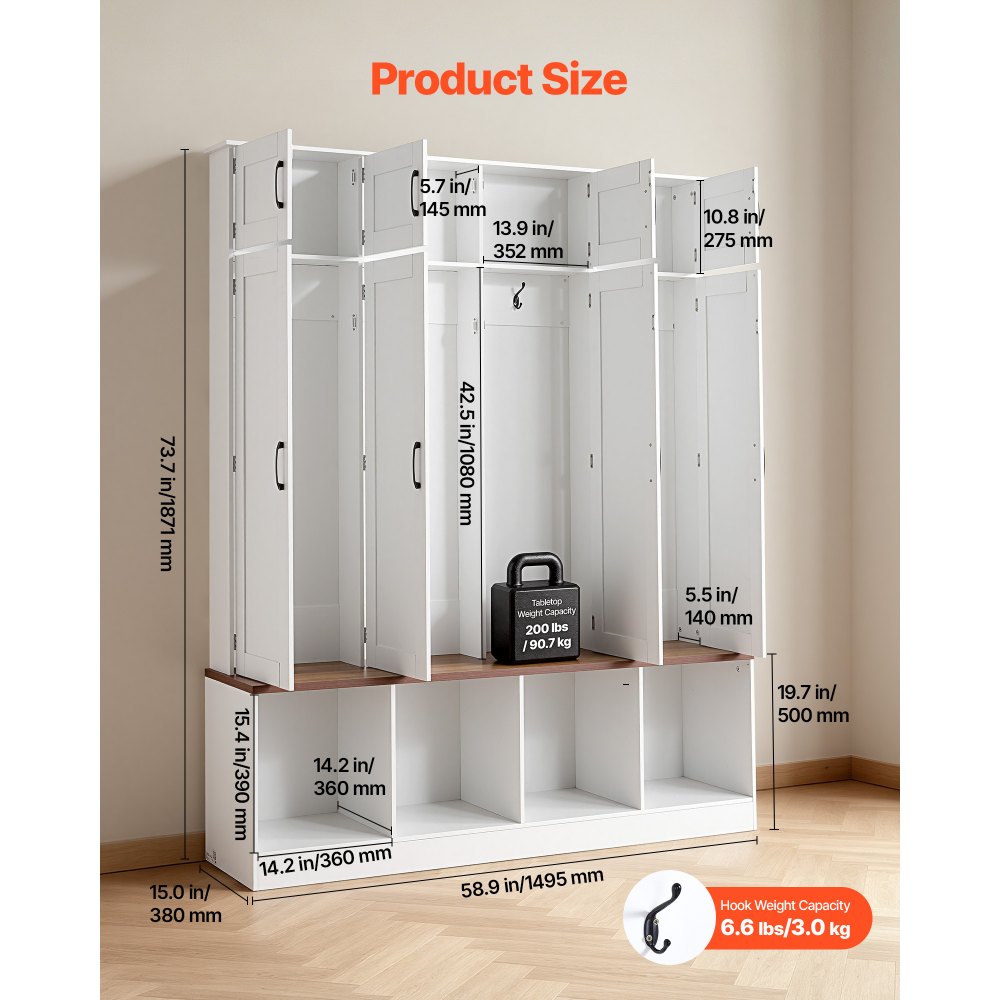 VEVOR Hall Tree with Bench and Shoe Storage, 59" Wide, 4-in-1 Entryway Hall Tree with Bench, Hanging Hooks, Storage Cabinet, and Shoe Cabinet, Wooden Furniture for Mudroom, Entryway, Hallway, White