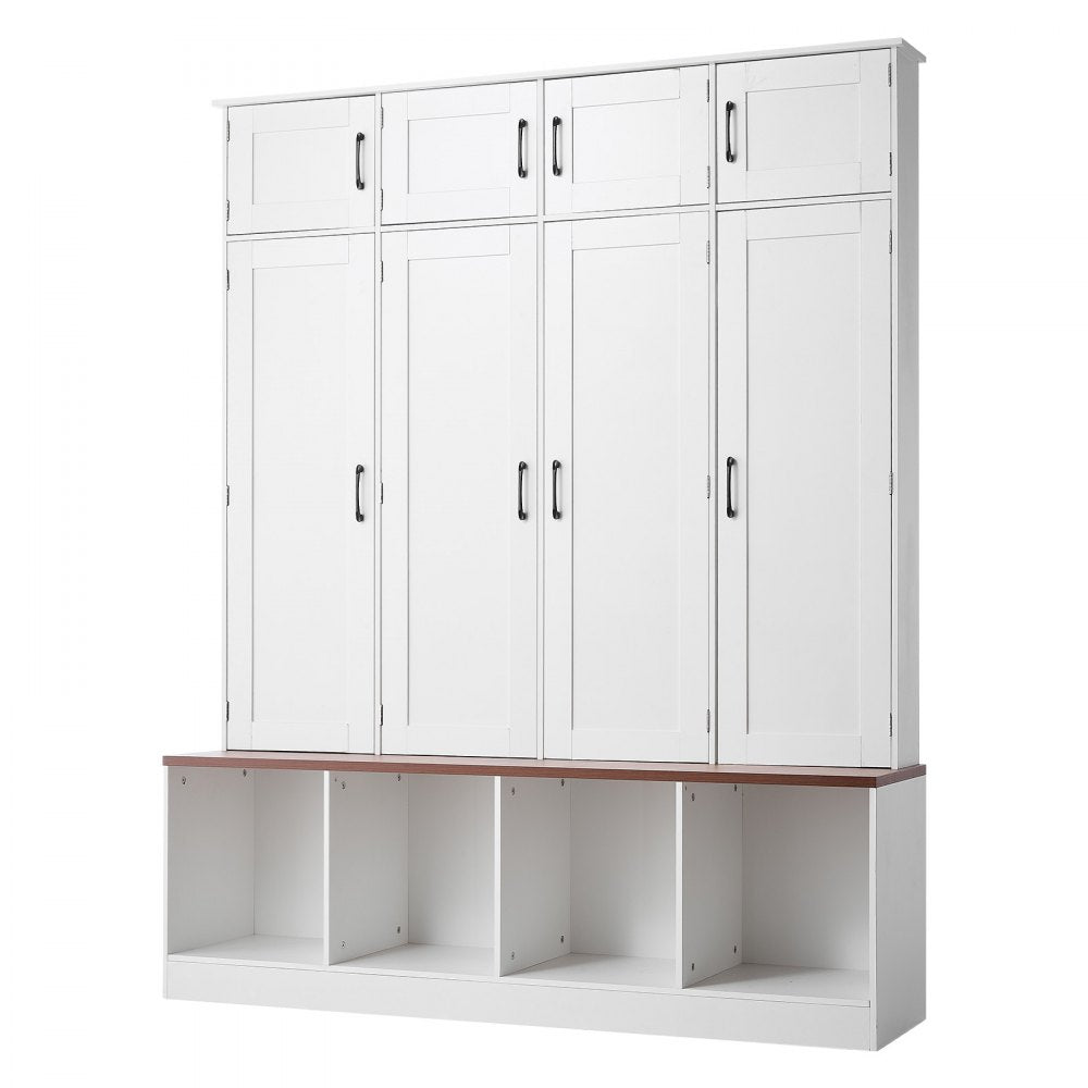 VEVOR Hall Tree with Bench and Shoe Storage, 59" Wide, 4-in-1 Entryway Hall Tree with Bench, Hanging Hooks, Storage Cabinet, and Shoe Cabinet, Wooden Furniture for Mudroom, Entryway, Hallway, White