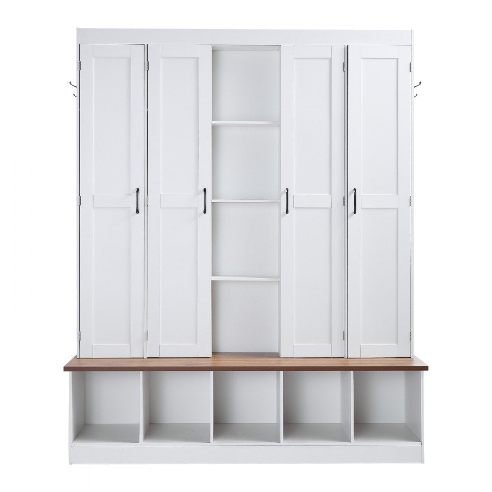 VEVOR Hall Tree with Bench and Shoe Storage, 63" Wide, 4-in-1 Entryway Hall Tree with Bench, Hanging Hooks, Storage Cabinet, and Shoe Cabinet, Wooden Furniture for Mudroom, Entryway, Hallway, White