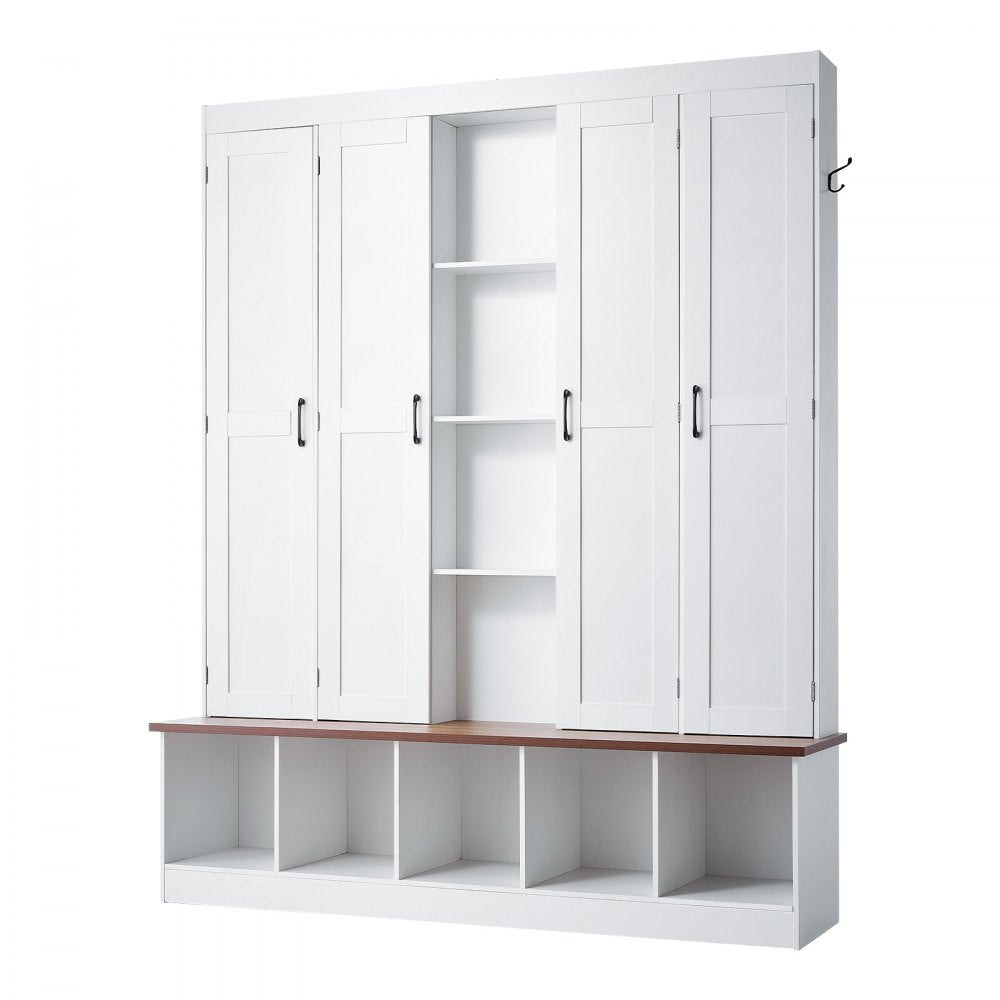 VEVOR Hall Tree with Bench and Shoe Storage, 63" Wide, 4-in-1 Entryway Hall Tree with Bench, Hanging Hooks, Storage Cabinet, and Shoe Cabinet, Wooden Furniture for Mudroom, Entryway, Hallway, White
