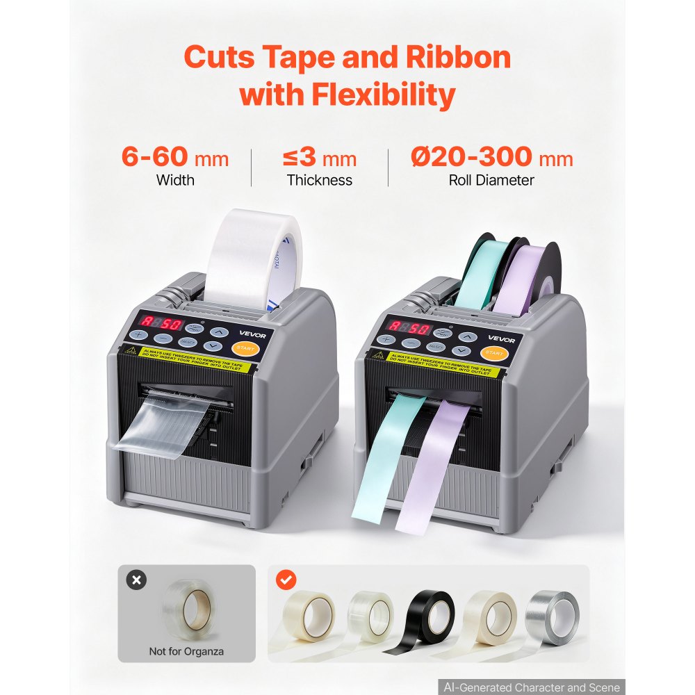 VEVOR Automatic Tape Dispenser 999mm Max Cut Length Electric Ribbon Cutter, 110V Electric Automatic Tape Cutter, Dual-Tape Capability, Fits 6–60mm Width Tape for Shipping, Packaging & Gift Wrapping