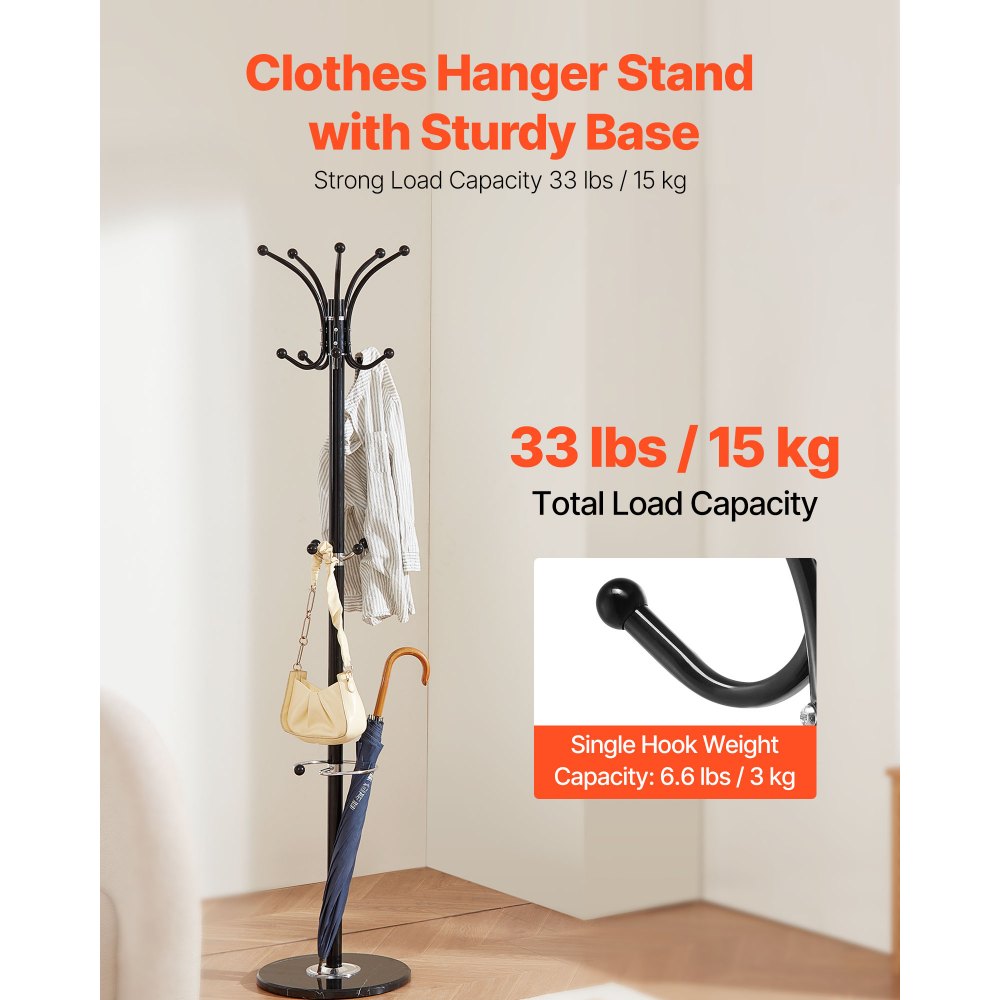 VEVOR Freestanding Coat Rack, Metal Coats Rack Stand with Umbrella Holder, Stable Marble Base & 14 Hooks, Hall Coat Tree for Entryway, Bedroom, Living Room, Stylish Coats Hanger for Hats, Scarves, Bag