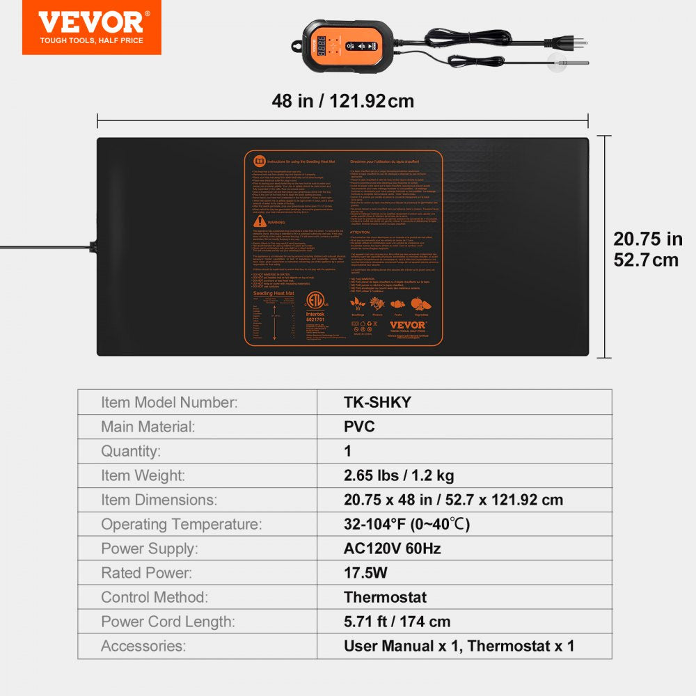 VEVOR 48"x 20.75" Seedling Heat Mat w/ Digital Thermostat Combo Set,MET-Listed Heating Pad for Seed Starting, Waterproof Seed Mats for Germination, Indoor Gardening, Hydroponic, Greenhouse, 1 Pack