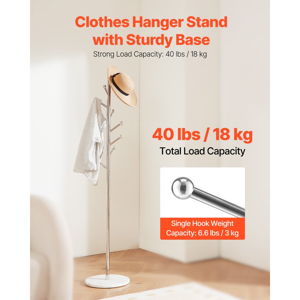 VEVOR Coat Rack, Freestanding Coats Rack Stand with Stable Marble Base & 8 Hooks, Free Standing Hall Coat Tree for Entryway, Bedroom, Office, Living Room, Modern Clothes Hanger for Coats, Hats, Bags