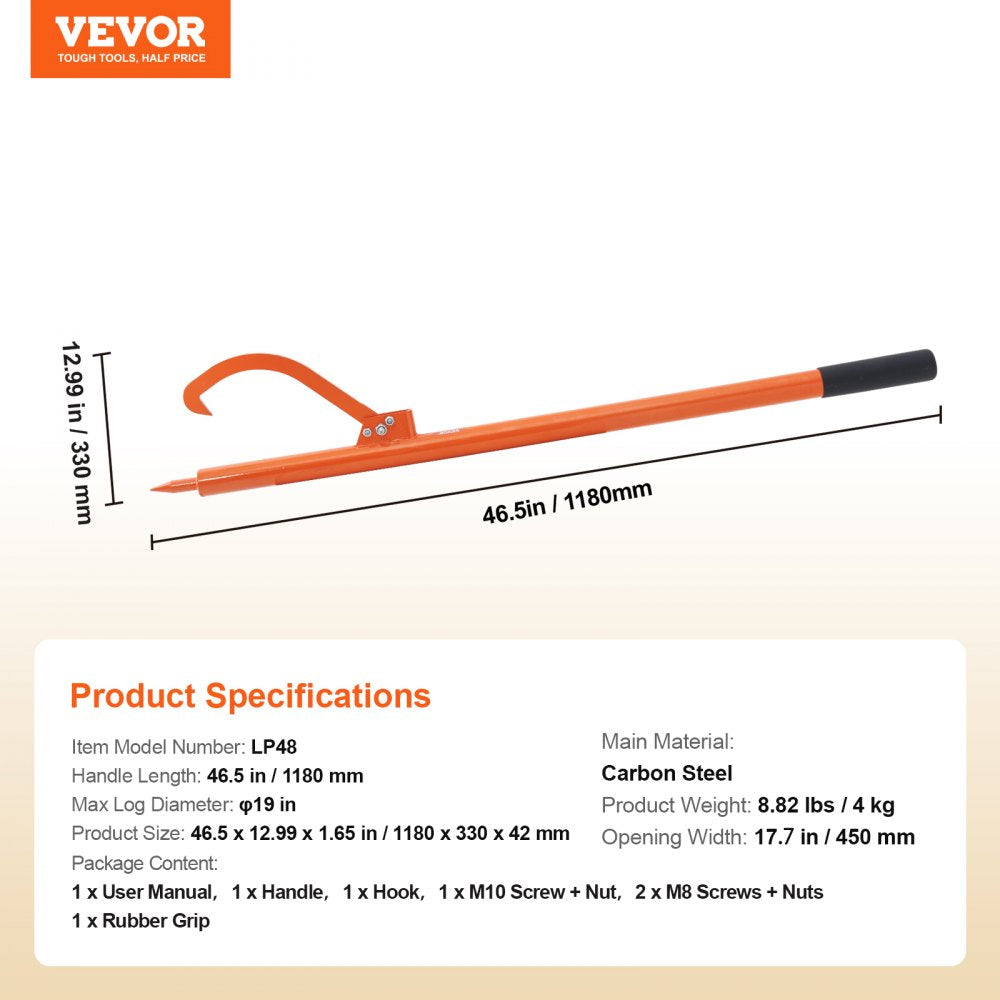 VEVOR Log Peavey, 46.5 in, Metal Handle Log Lifter, Heavy Duty Log Roller with Max 19 in Opening, Rust-Resistant Log Jack Cant Hook, Felling Log Roller Tool for Rolling, Raising, Turning Logs