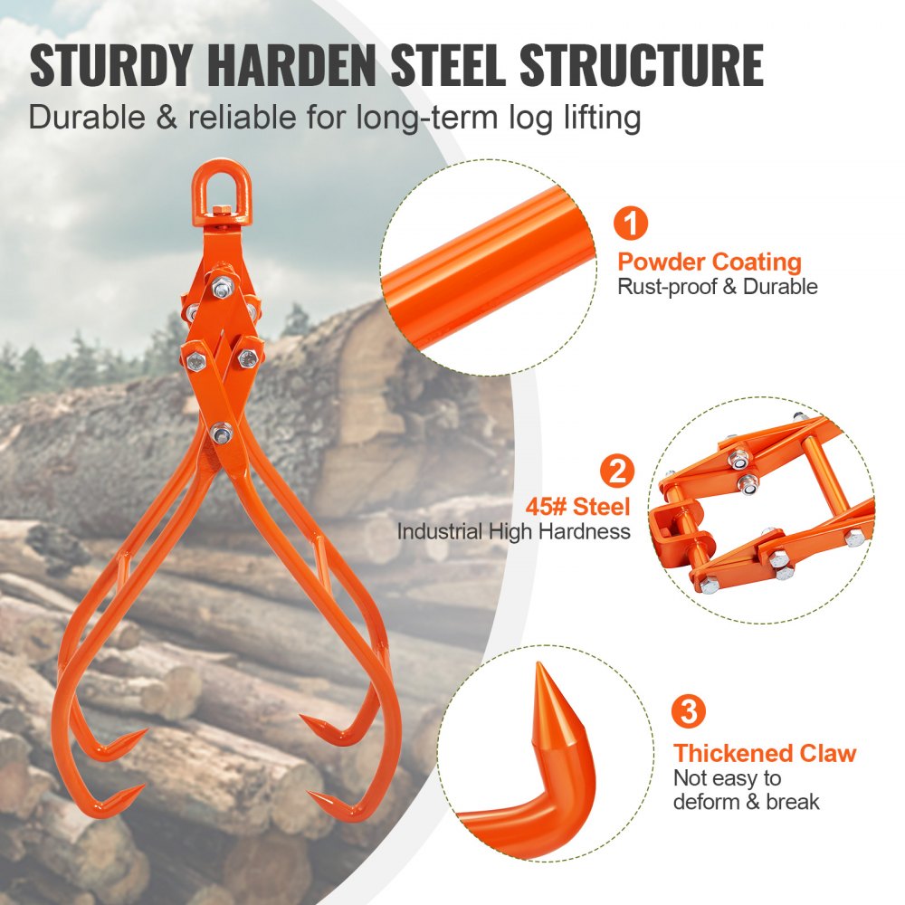 VEVOR Timber Claw Hook, 28 inch 4 Claw Log Grapple for Logging Tongs, Swivel Steel Log Lifting Tongs, Eagle Claws Design with 2205 lbs/1000 kg Loading Capacity for Tractors, ATVs, Trucks, Forklifts