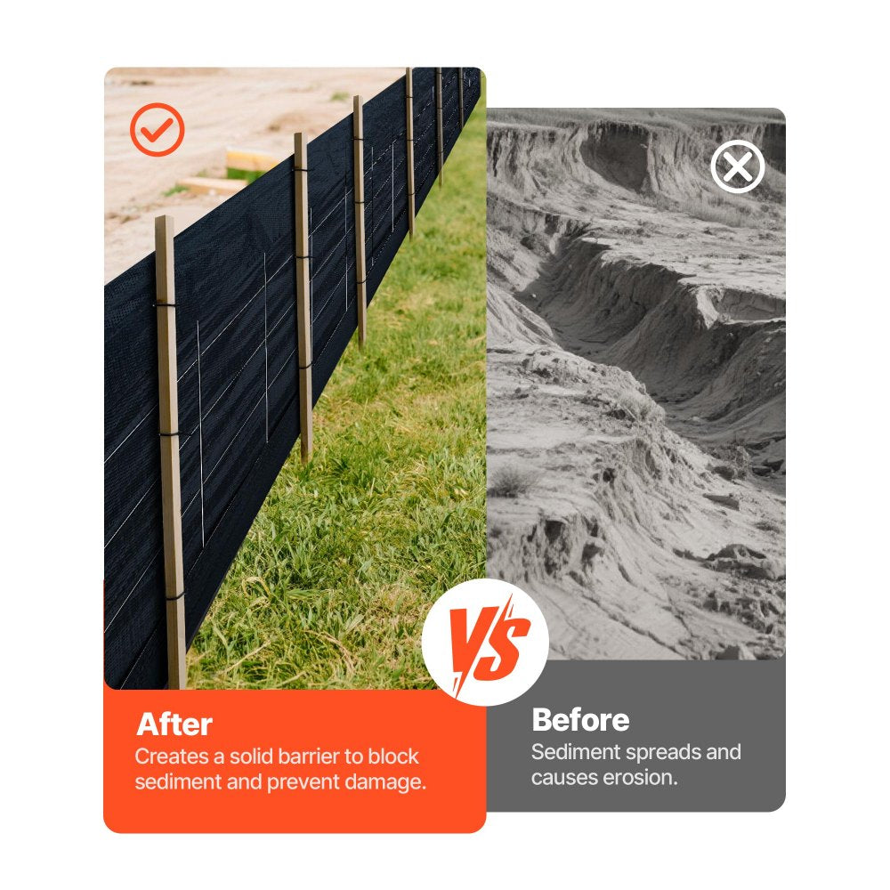 VEVOR Silt Fence Fabric Roll, 2 x 100 ft Backed Wire Silt Fence, Erosion Control Fencing for Sediment Retention, Industrial Grade Temporary Tough Polypropylene Fabric for Construction Job Sites