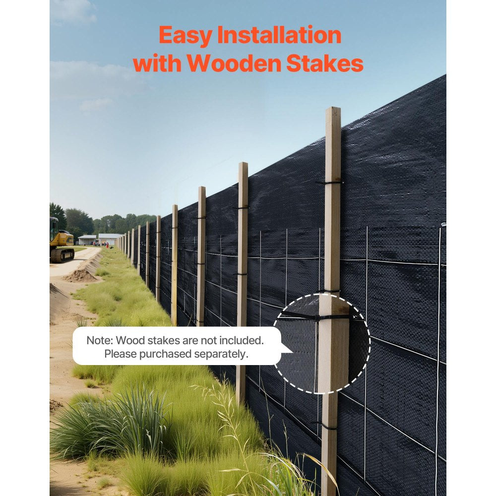 VEVOR Silt Fence Fabric Roll, 2 x 100 ft Backed Wire Silt Fence, Erosion Control Fencing for Sediment Retention, Industrial Grade Temporary Tough Polypropylene Fabric for Construction Job Sites