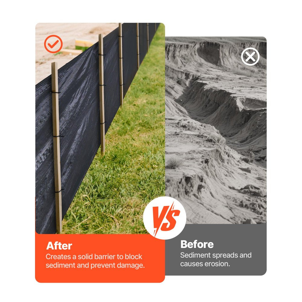 VEVOR Silt Fence Fabric Roll, 3 x 500 ft Erosion Control Fencing, Industrial Grade Tough Polypropylene Fabrics for Sediment Retention, Temporary Fabric for Construction Job Sites