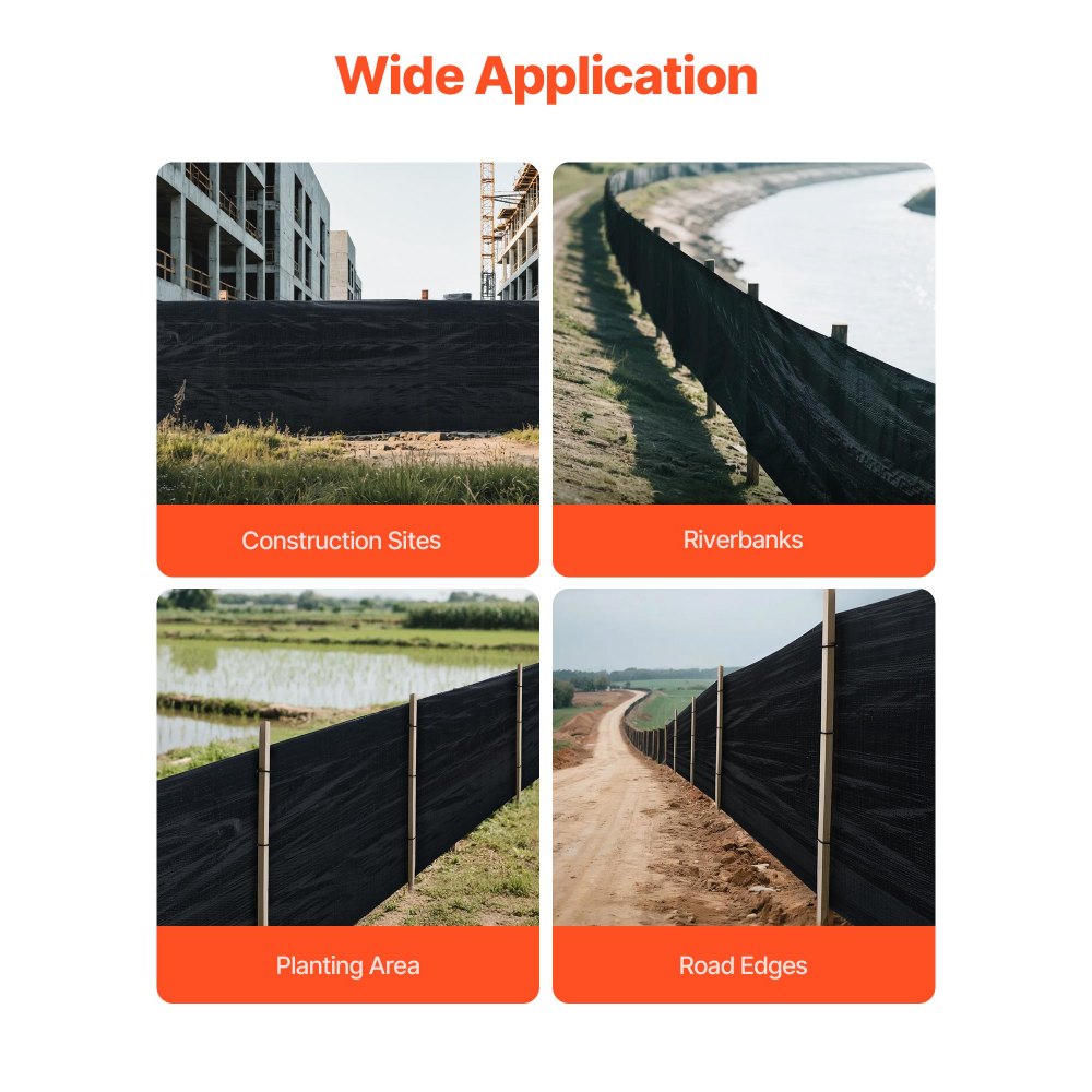 VEVOR Silt Fence Fabric Roll, 3 x 500 ft Erosion Control Fencing, Industrial Grade Tough Polypropylene Fabrics for Sediment Retention, Temporary Fabric for Construction Job Sites