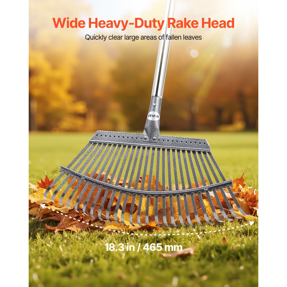 VEVOR Leaf Rake, 25 Metal Tines, Adjustable Garden Rake for Lawns with 18.3 Inch Wide Head & 36.4-72.8 Inch Long Handle, Heavy Duty Stainless Steel Small Leaves Tool for Gardening Camping Yard Grass