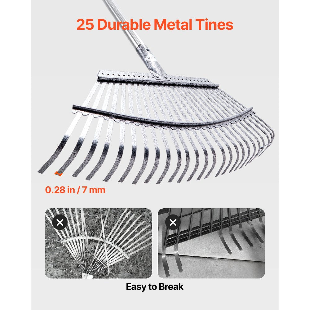 VEVOR Leaf Rake, 25 Metal Tines, Adjustable Garden Rake for Lawns with 18.3 Inch Wide Head & 36.4-72.8 Inch Long Handle, Heavy Duty Stainless Steel Small Leaves Tool for Gardening Camping Yard Grass