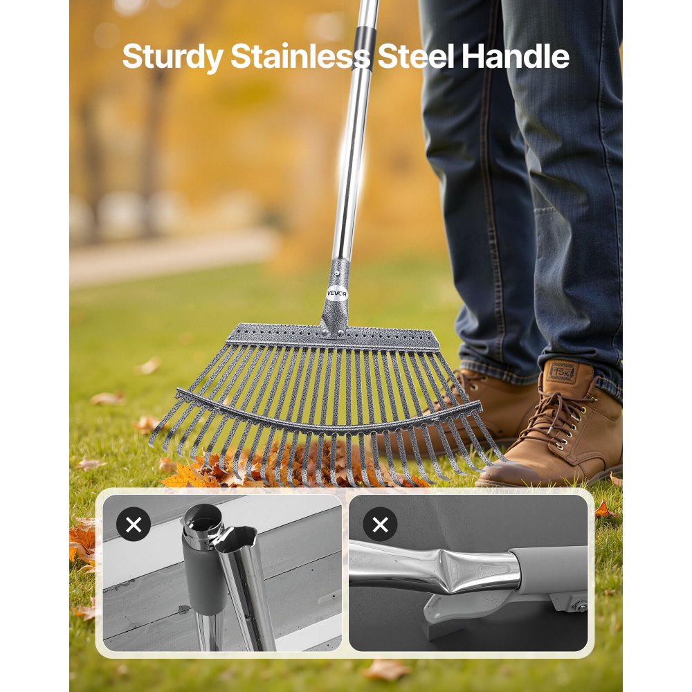 VEVOR Leaf Rake, 25 Metal Tines, Adjustable Garden Rake for Lawns with 18.3 Inch Wide Head & 36.4-72.8 Inch Long Handle, Heavy Duty Stainless Steel Small Leaves Tool for Gardening Camping Yard Grass