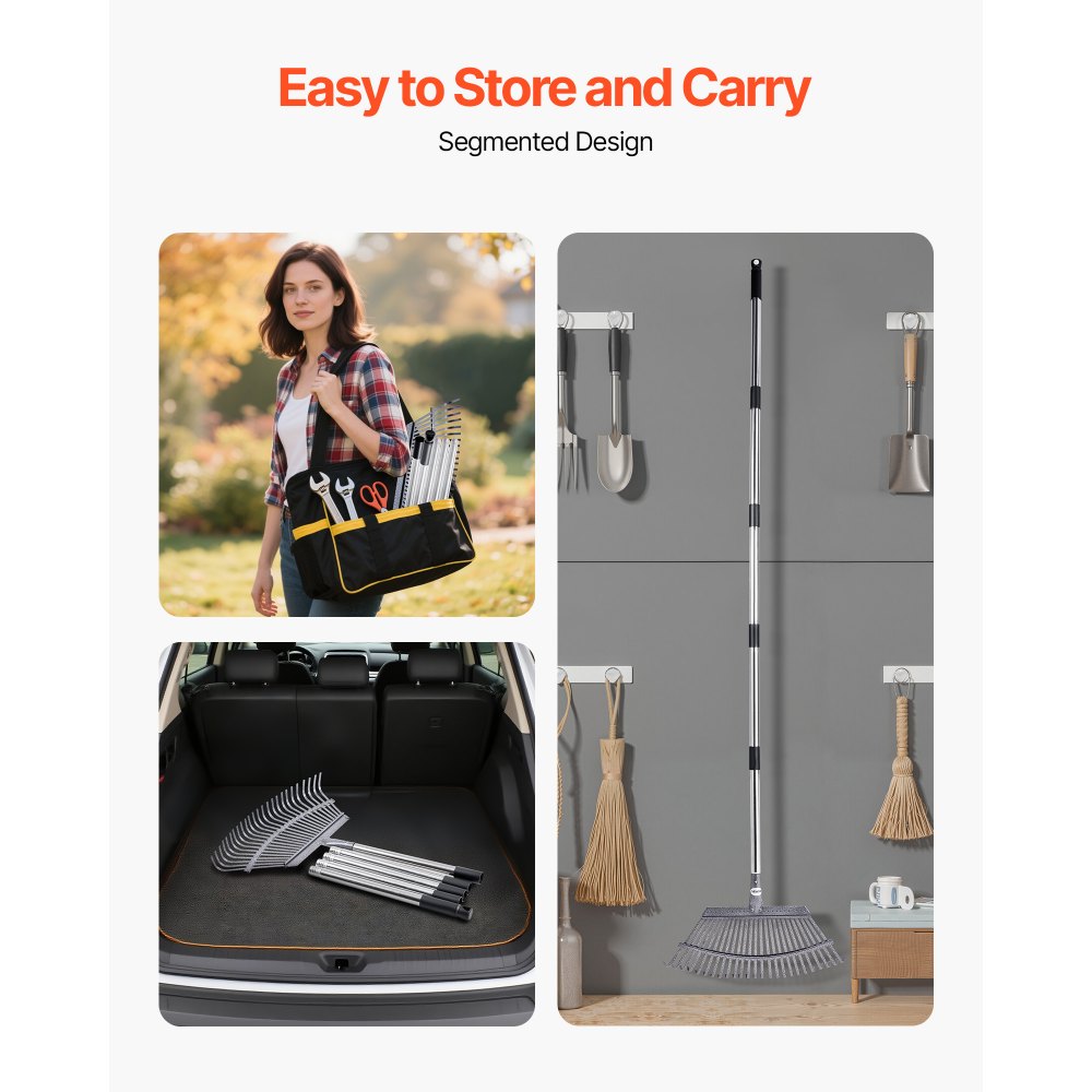 VEVOR Leaf Rake, 25 Metal Tines, Adjustable Garden Rake for Lawns with 18.3 Inch Wide Head & 36.4-72.8 Inch Long Handle, Heavy Duty Stainless Steel Small Leaves Tool for Gardening Camping Yard Grass
