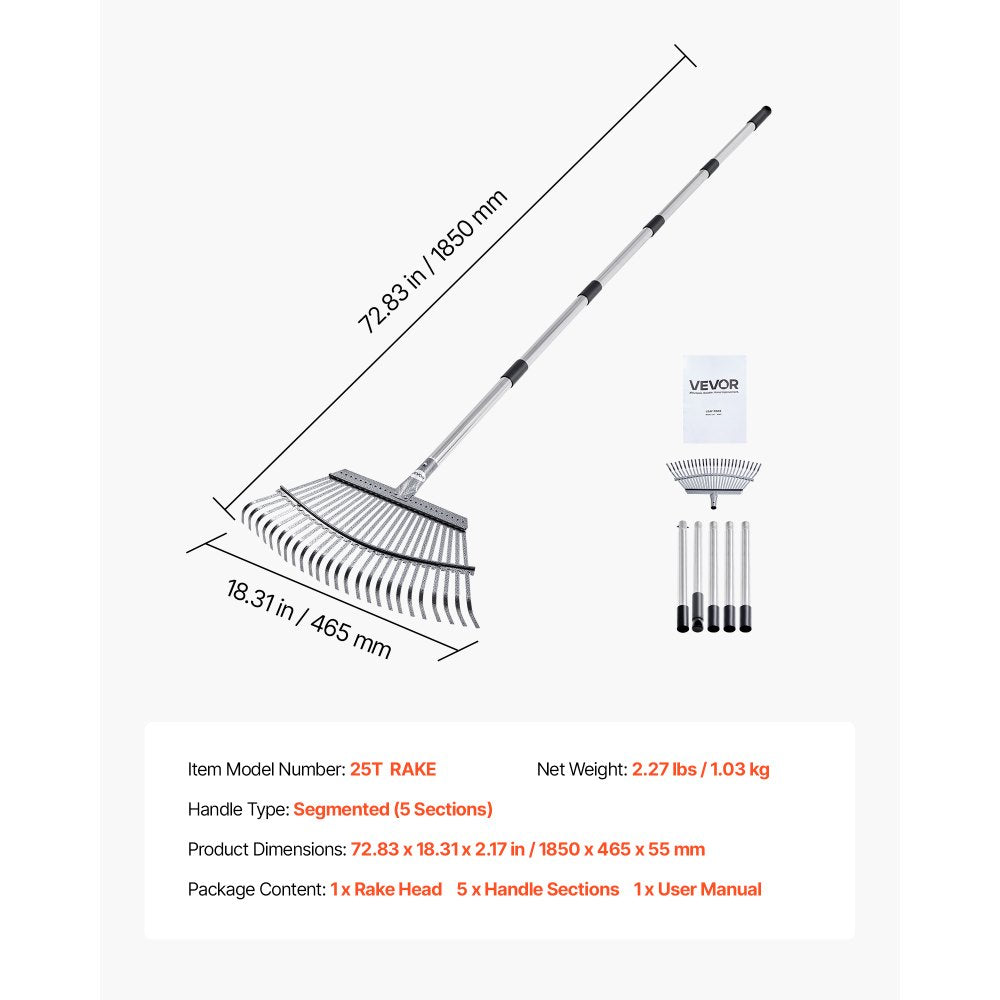 VEVOR Leaf Rake, 25 Metal Tines, Adjustable Garden Rake for Lawns with 18.3 Inch Wide Head & 36.4-72.8 Inch Long Handle, Heavy Duty Stainless Steel Small Leaves Tool for Gardening Camping Yard Grass