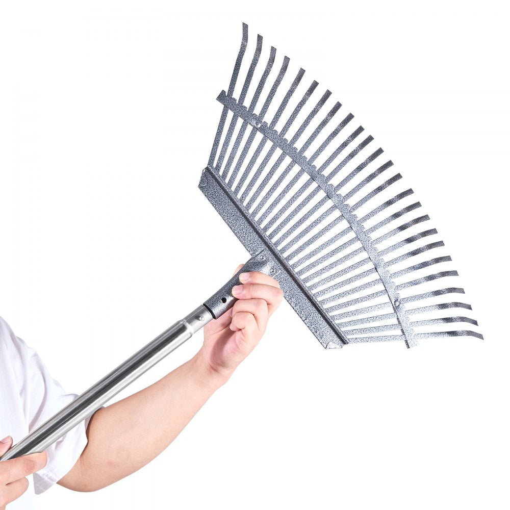 VEVOR Leaf Rake, 25 Metal Tines, Adjustable Garden Rake for Lawns with 18.3 Inch Wide Head & 36.4-72.8 Inch Long Handle, Heavy Duty Stainless Steel Small Leaves Tool for Gardening Camping Yard Grass
