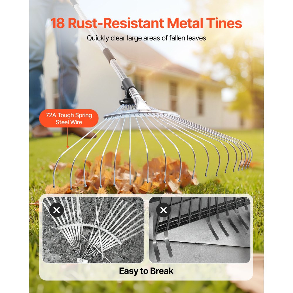 VEVOR Leaf Rake, 18 Metal Tines, Adjustable Garden Rake for Lawns with 7.7-17.1 Inch Head & 32.3-55.6 Inch Long Handle, Heavy Duty Stainless Steel Small Leaves Tool for Gardening Camping Yard Grass