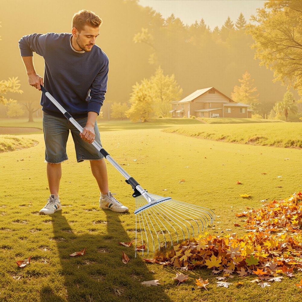 VEVOR Leaf Rake, 18 Metal Tines, Adjustable Garden Rake for Lawns with 7.7-17.1 Inch Head & 32.3-55.6 Inch Long Handle, Heavy Duty Stainless Steel Small Leaves Tool for Gardening Camping Yard Grass