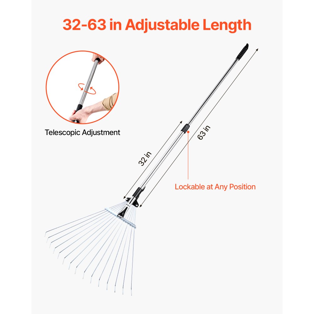 VEVOR Leaf Rake, 15 Metal Tines, Adjustable Garden Rake for Lawns with 7.5-22.4 Inch Wide Head & 32-63 Inch Long Handle, Heavy Duty Stainless Steel Small Leaves Tool for Gardening Camping Yard Grass