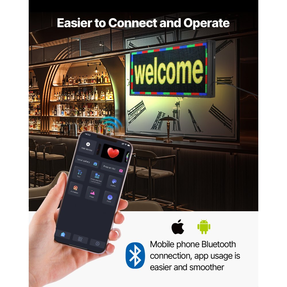 VEVOR Programmable LED Sign, P5 Full Color Flexible Digital Scrolling Panel, DIY Custom Text Pattern GIF Display, Bluetooth APP Control Message Board for Store Business Advertising, Indoor 27x14 in