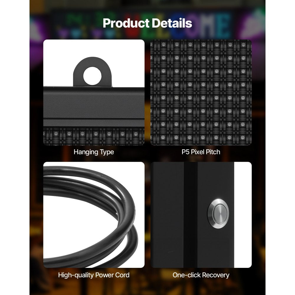 VEVOR Programmable LED Sign, P5 Full Color Flexible Digital Scrolling Panel, DIY Custom Text Pattern GIF Display, Bluetooth APP Control Message Board for Store Business Advertising, Indoor 27x14 in