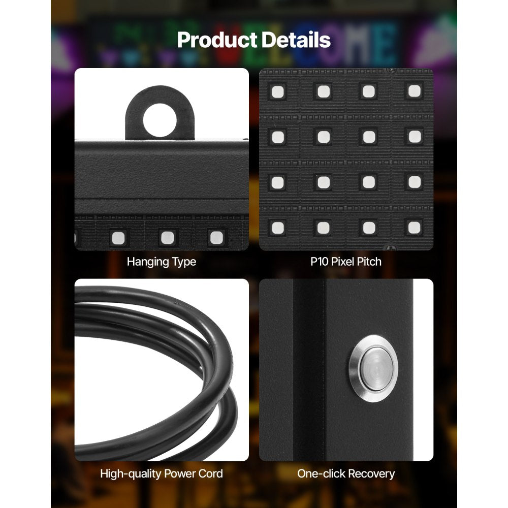 VEVOR Programmable LED Sign, P10 Full Color Flexible Digital Scrolling Panel, DIY Custom Text Pattern GIF Display Board, Bluetooth APP Control Message Shop Sign for Store Business Advertising, 40x8 in
