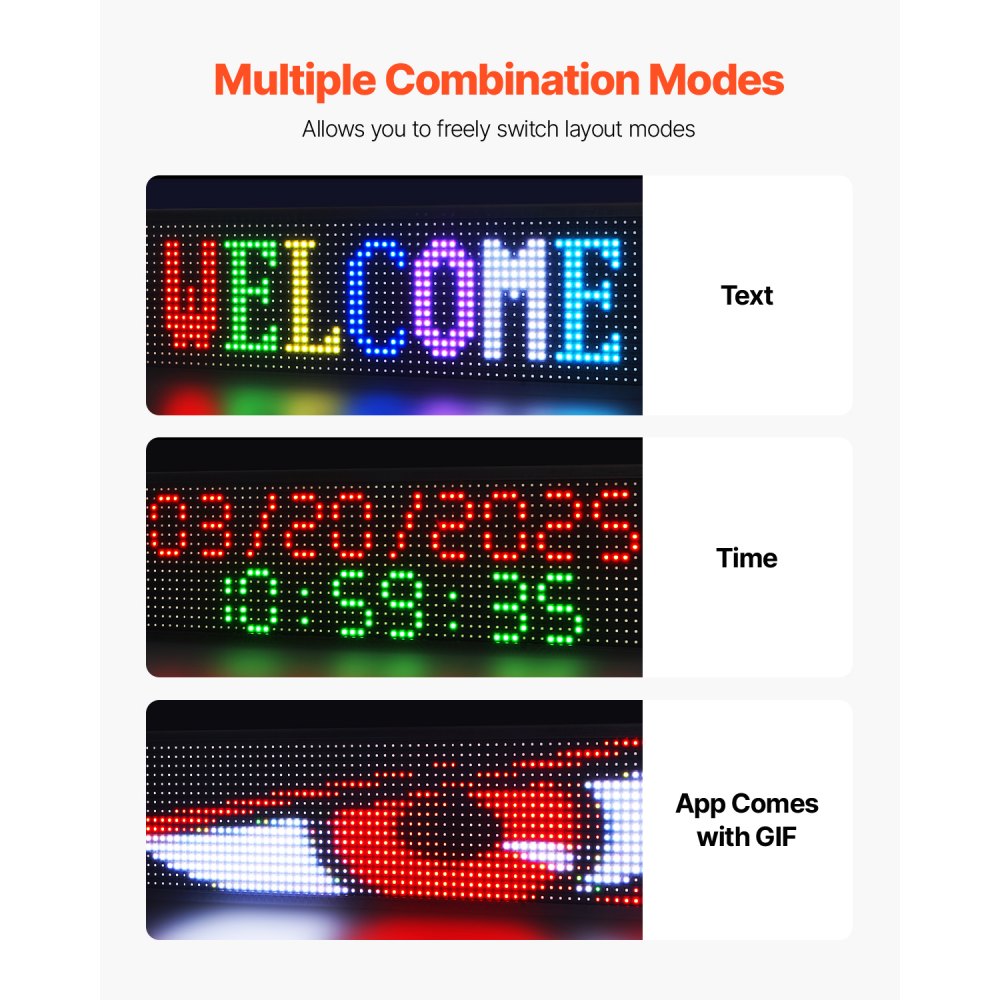 VEVOR Programmable LED Sign, P10 Full Color Flexible Digital Scrolling Panel, DIY Custom Text Pattern GIF Display Board, Bluetooth APP Control Message Shop Sign for Store Business Advertising, 40x8 in