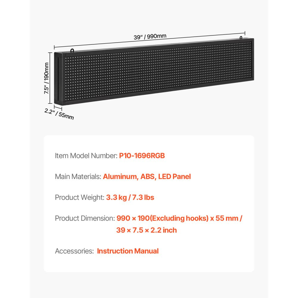 VEVOR Programmable LED Sign, P10 Full Color Flexible Digital Scrolling Panel, DIY Custom Text Pattern GIF Display Board, Bluetooth APP Control Message Shop Sign for Store Business Advertising, 40x8 in