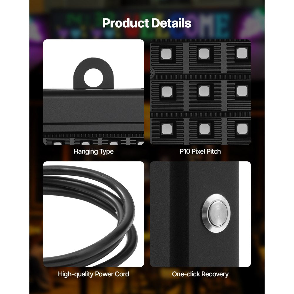 VEVOR Programmable LED Sign, P10 Full Color Flexible Digital Scrolling Panel, DIY Custom Text Pattern GIF Display Board, Bluetooth APP Control Message Shop Sign for Store Business Advertising, 52x8 in