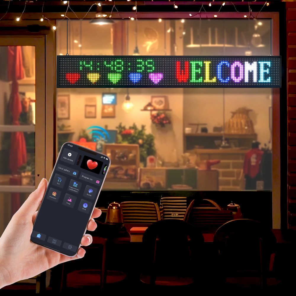 VEVOR Programmable LED Sign, P10 Full Color Flexible Digital Scrolling Panel, DIY Custom Text Pattern GIF Display Board, Bluetooth APP Control Message Shop Sign for Store Business Advertising, 52x8 in