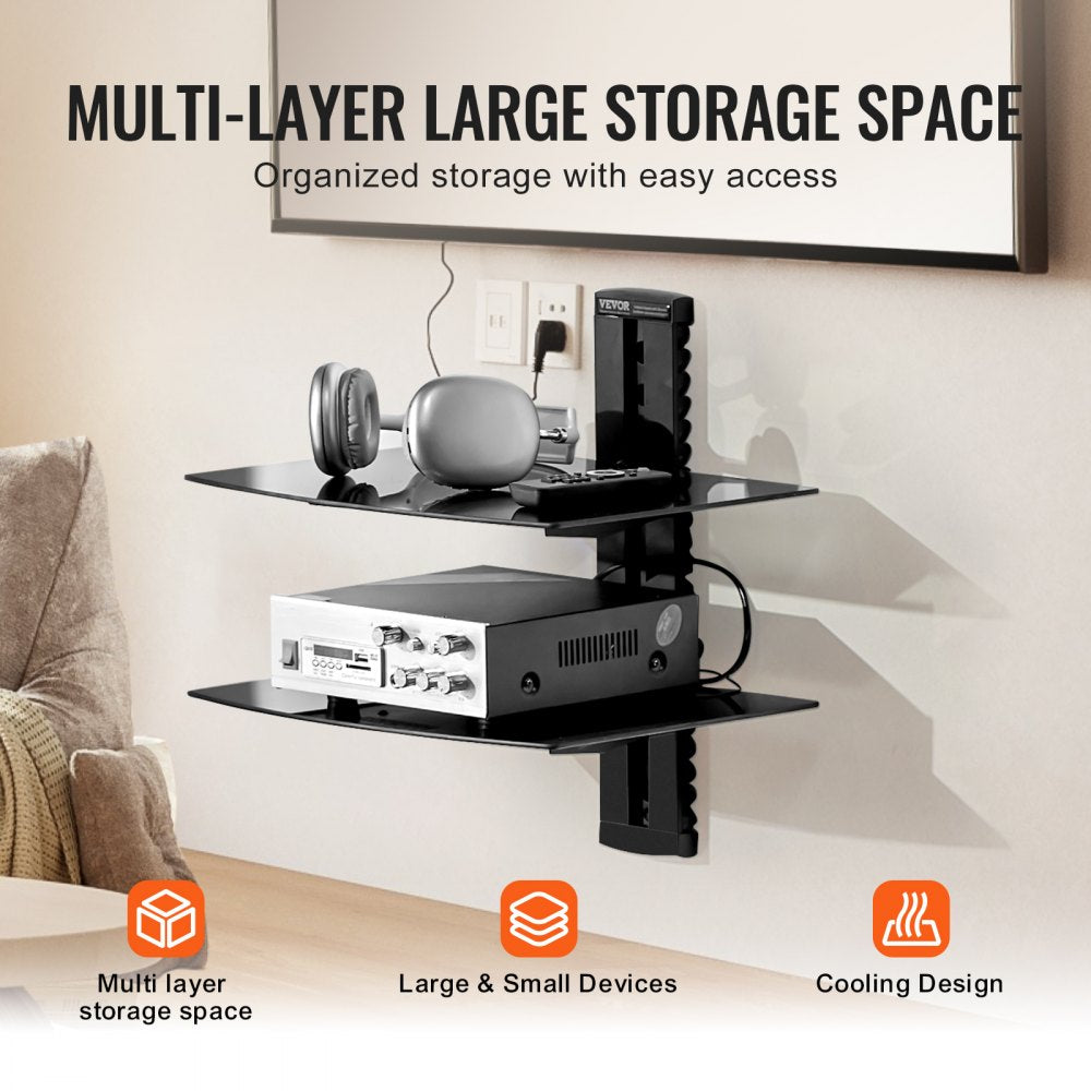 VEVOR Glass Floating Shelves, Holds up to 18 lbs, TV Wall Mount with Shelf，Strengthened Floating Entertainment Center for DVD Players / PS4 / Cable Boxes/Game Consoles/Sky Box/TV Accessories-2 Tiers
