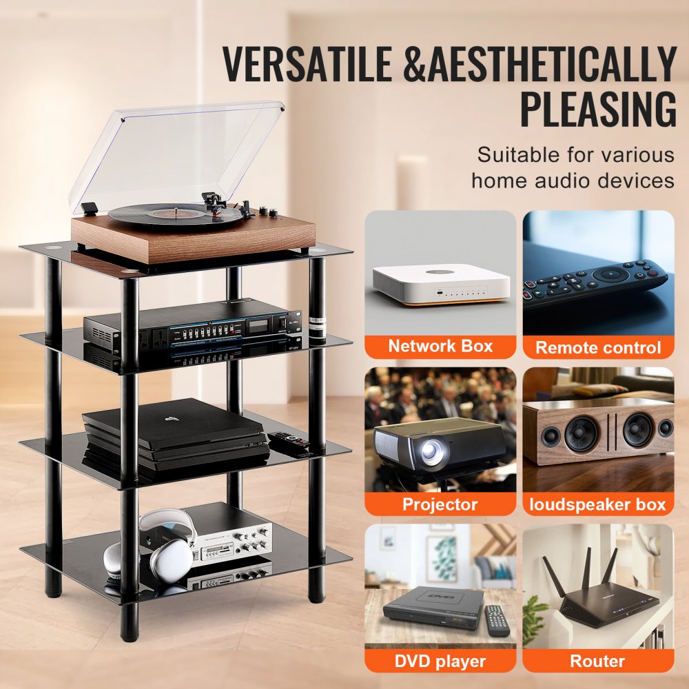 VEVOR 4-Tier AV Media Stand, Audio/Video Stand with Strengthened Tempered Glass Shevles for DVD/Cable Boxes/Games Consoles, Media Storage Cabinet for Gaming/Recording Room