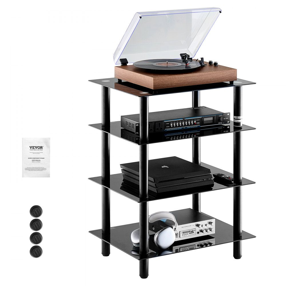 VEVOR 4-Tier AV Media Stand, Audio/Video Stand with Strengthened Tempered Glass Shevles for DVD/Cable Boxes/Games Consoles, Media Storage Cabinet for Gaming/Recording Room