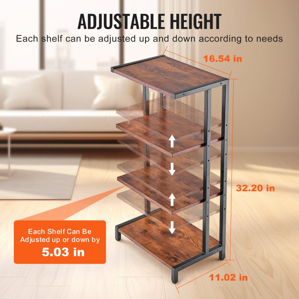 VEVOR 4-Tier AV Media Stand, Corner TV Stand, Height Adjustable Wooden Shelves for DVD Players/Cable Boxes/Games Consoles, Brown