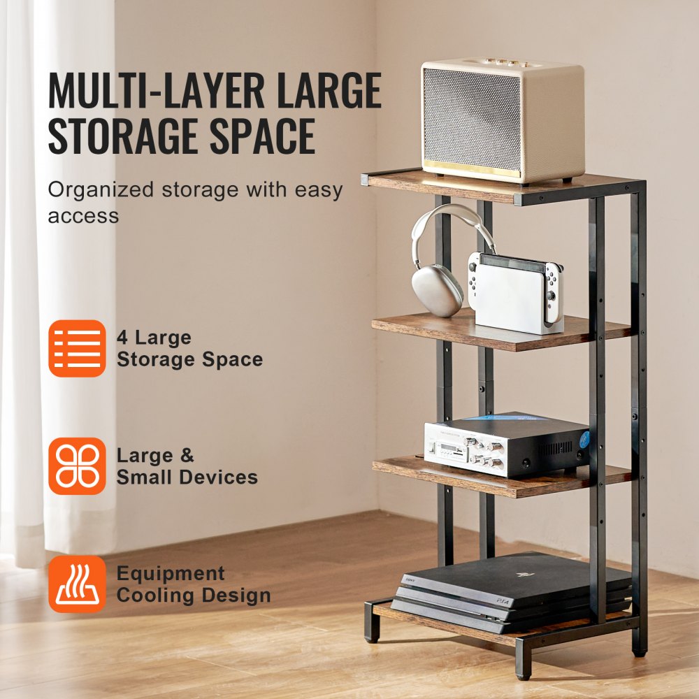 VEVOR 4-Tier AV Media Stand, Corner TV Stand, Height Adjustable Wooden Shelves for DVD Players/Cable Boxes/Games Consoles, Brown