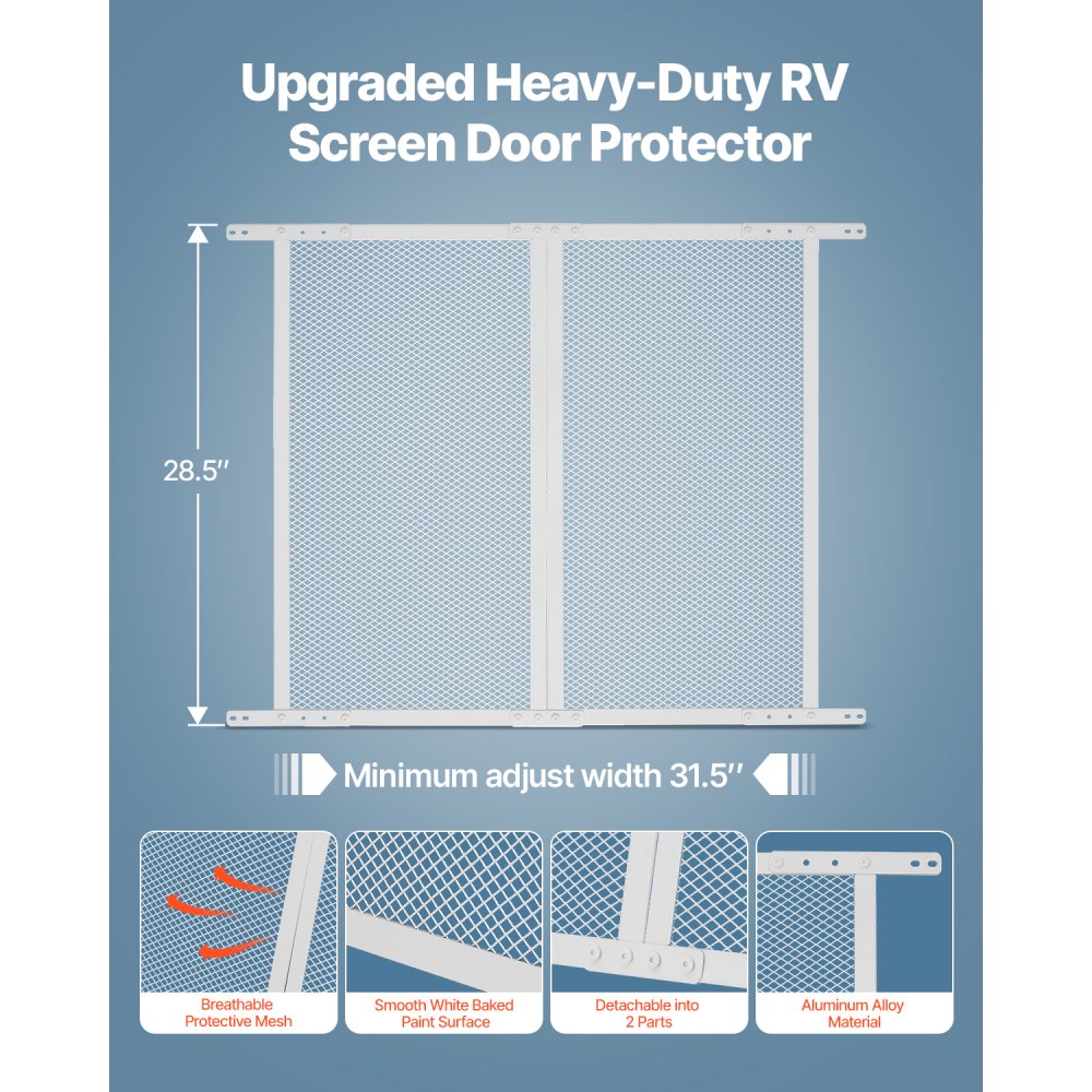 VEVOR RV Screen Door Protector, 28.5 x 31.5 inch Door Grille, Easy to Install and Disassemble, Reinforced Breathable Protective Mesh, Aluminum Alloy Camper RV Entry Protector for Pet Protection, White