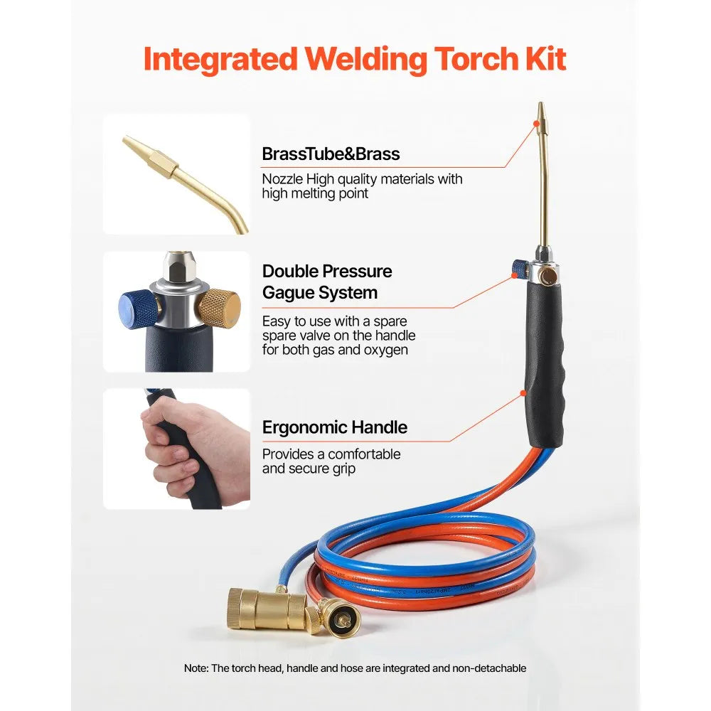 VEVOR Oxygen Propane Torch Kit, Brass Welding Torch for Oxygen MAPP Gas with Dual Pressure Gauges, Portable Oxy-Propane MAPP Brazing Tool Kit with Cylinder Rack for Welding, Soldering, Metal Heating