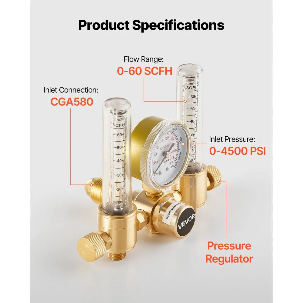 VEVOR Dual Output Argon Regulator, Argon Flow Meter Gas Regulator Gauge for TIG/MIG Welding - with 2PCS 6.6FT Rubber Hoses, 0-60 SCFH, 0-4500 PSI Inlet Pressure, CGA580 Inlet Connection