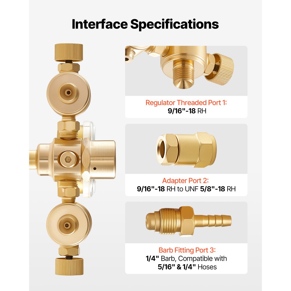 VEVOR Dual Output Argon Regulator, Argon Flow Meter Gas Regulator Gauge for TIG/MIG Welding - with 2PCS 6.6FT Rubber Hoses, 0-60 SCFH, 0-4500 PSI Inlet Pressure, CGA580 Inlet Connection