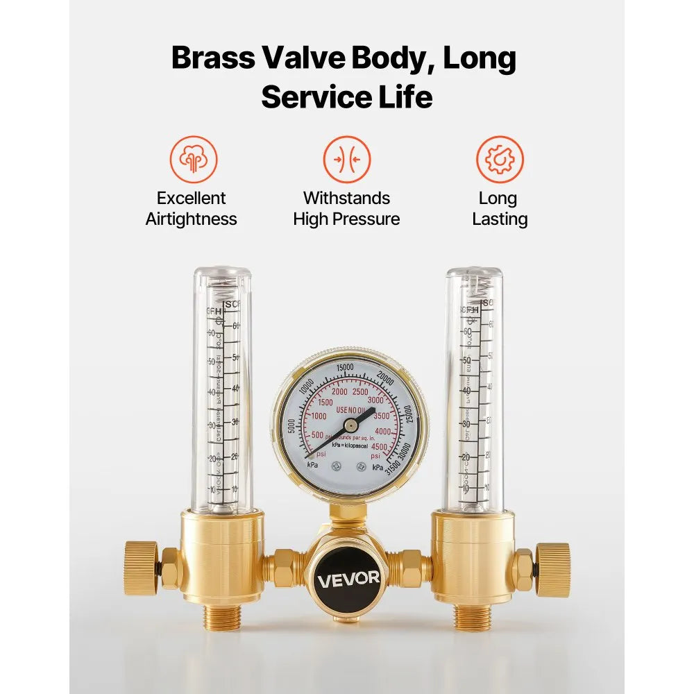 VEVOR Dual Output Argon Regulator, Argon Flow Meter Gas Regulator Gauge for TIG/MIG Welding - with 2PCS 6.6FT Rubber Hoses, 0-60 SCFH, 0-4500 PSI Inlet Pressure, CGA580 Inlet Connection