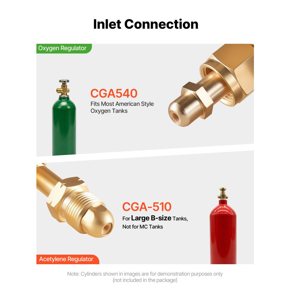 VEVOR Oxygen Acetylene Regulator Set, Oxy-Acetylene Regulators, 0-4000PSI and 0-400PSI Welding Gas Gauges with CGA-540/CGA-510 Inlet Connection & 9/16"-18 Outlet Connection, PC Knob Adjustment