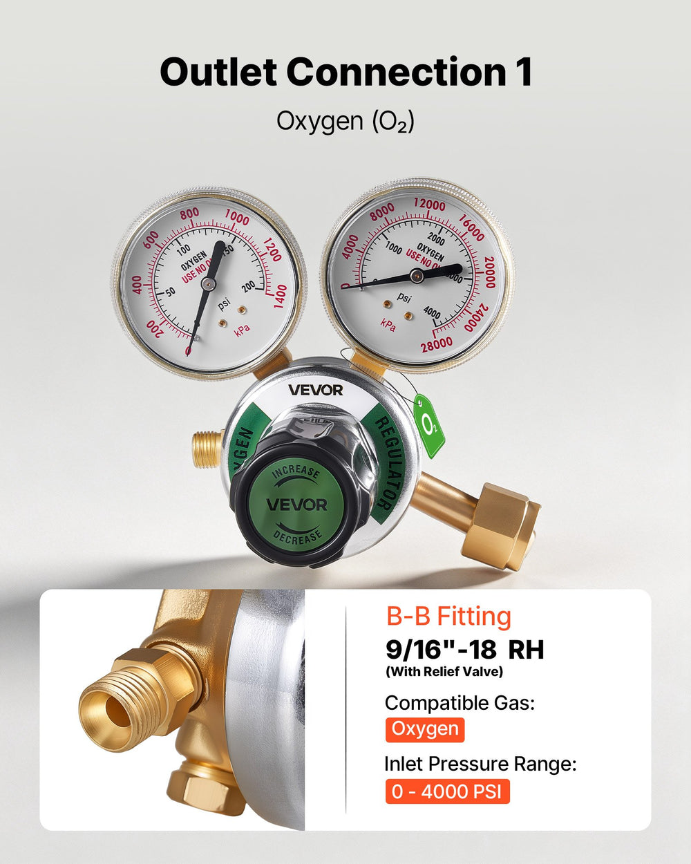 VEVOR Oxygen Acetylene Regulator Set, Oxy-Acetylene Regulators, 0-4000PSI and 0-400PSI Welding Gas Gauges with CGA-540/CGA-510 Inlet Connection & 9/16"-18 Outlet Connection, PC Knob Adjustment