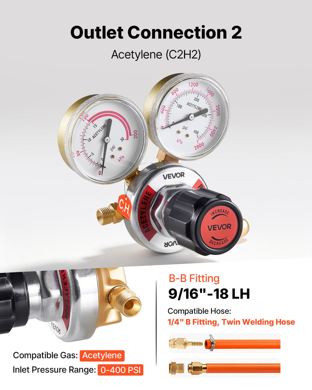 VEVOR Oxygen Acetylene Regulator Set, Oxy-Acetylene Regulators, 0-4000PSI and 0-400PSI Welding Gas Gauges with CGA-540/CGA-510 Inlet Connection & 9/16"-18 Outlet Connection, PC Knob Adjustment