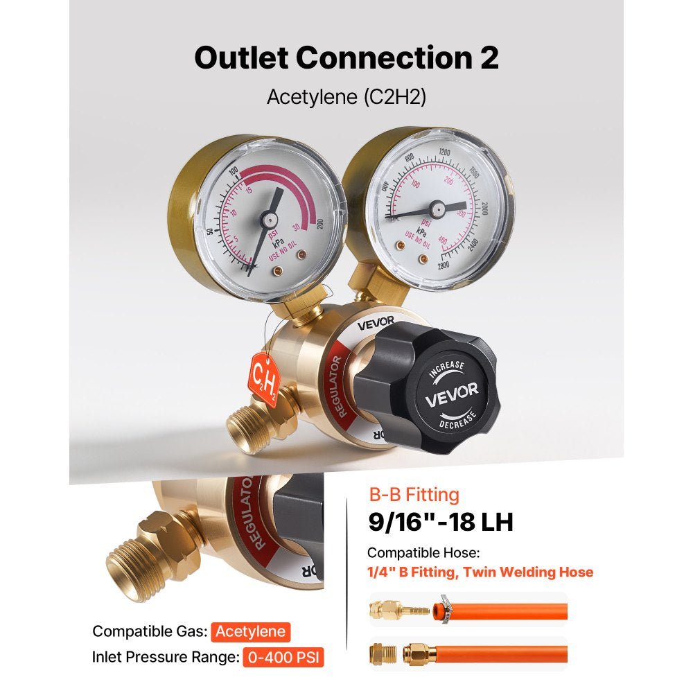 VEVOR Oxygen Acetylene Regulator Set, Oxy-Acetylene Regulators, 0-4000PSI and 0-400PSI Welding Gas Gauges with CGA-540/CGA-200 Inlet Connection & 9/16"-18 Outlet Connection, PC Knob Adjustment