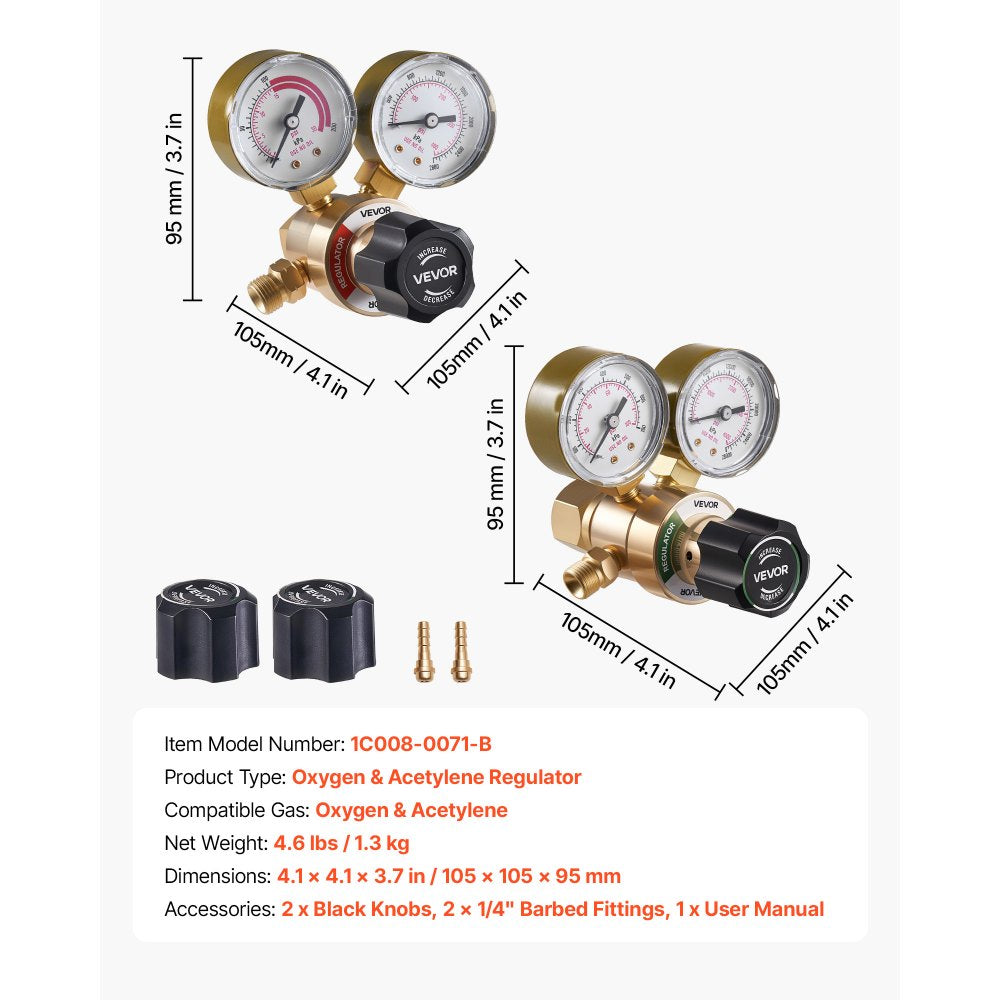 VEVOR Oxygen Acetylene Regulator Set, Oxy-Acetylene Regulators, 0-4000PSI and 0-400PSI Welding Gas Gauges with CGA-540/CGA-200 Inlet Connection & 9/16"-18 Outlet Connection, PC Knob Adjustment