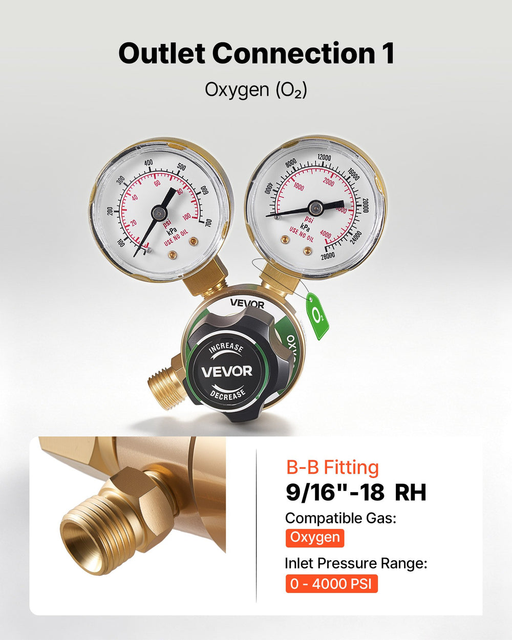 VEVOR Oxygen Acetylene Regulator Set, Oxy-Acetylene Regulators, 0-4000PSI and 0-400PSI Welding Gas Gauges with CGA-540/CGA-200 Inlet Connection & 9/16"-18 Outlet Connection, PC Knob Adjustment