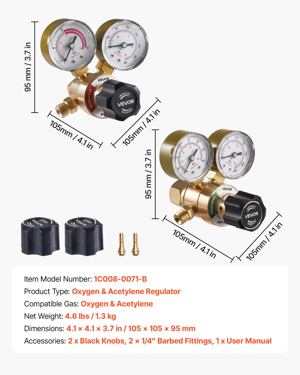 VEVOR Oxygen Acetylene Regulator Set, Oxy-Acetylene Regulators, 0-4000PSI and 0-400PSI Welding Gas Gauges with CGA-540/CGA-200 Inlet Connection & 9/16"-18 Outlet Connection, PC Knob Adjustment