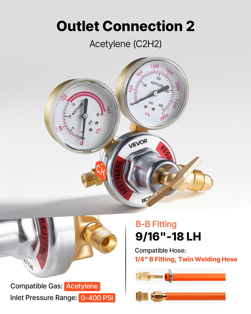 VEVOR Oxygen Acetylene Regulator Set, Oxy-Acetylene Regulators, 0-4000PSI and 0-400PSI Welding Gas Gauges with CGA-540/CGA-510 Inlet Connection & 9/16"-18 Outlet Connection, T-Handle Adjustment