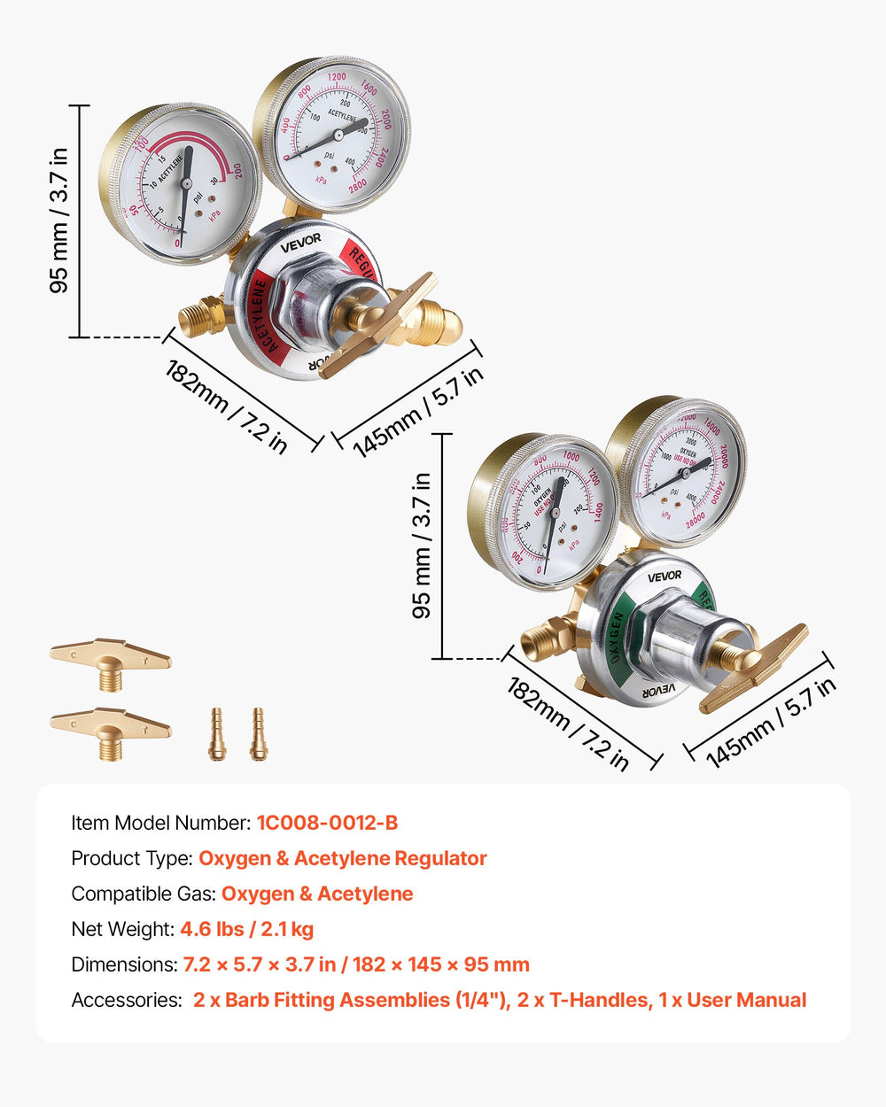 VEVOR Oxygen Acetylene Regulator Set, Oxy-Acetylene Regulators, 0-4000PSI and 0-400PSI Welding Gas Gauges with CGA-540/CGA-510 Inlet Connection & 9/16"-18 Outlet Connection, T-Handle Adjustment